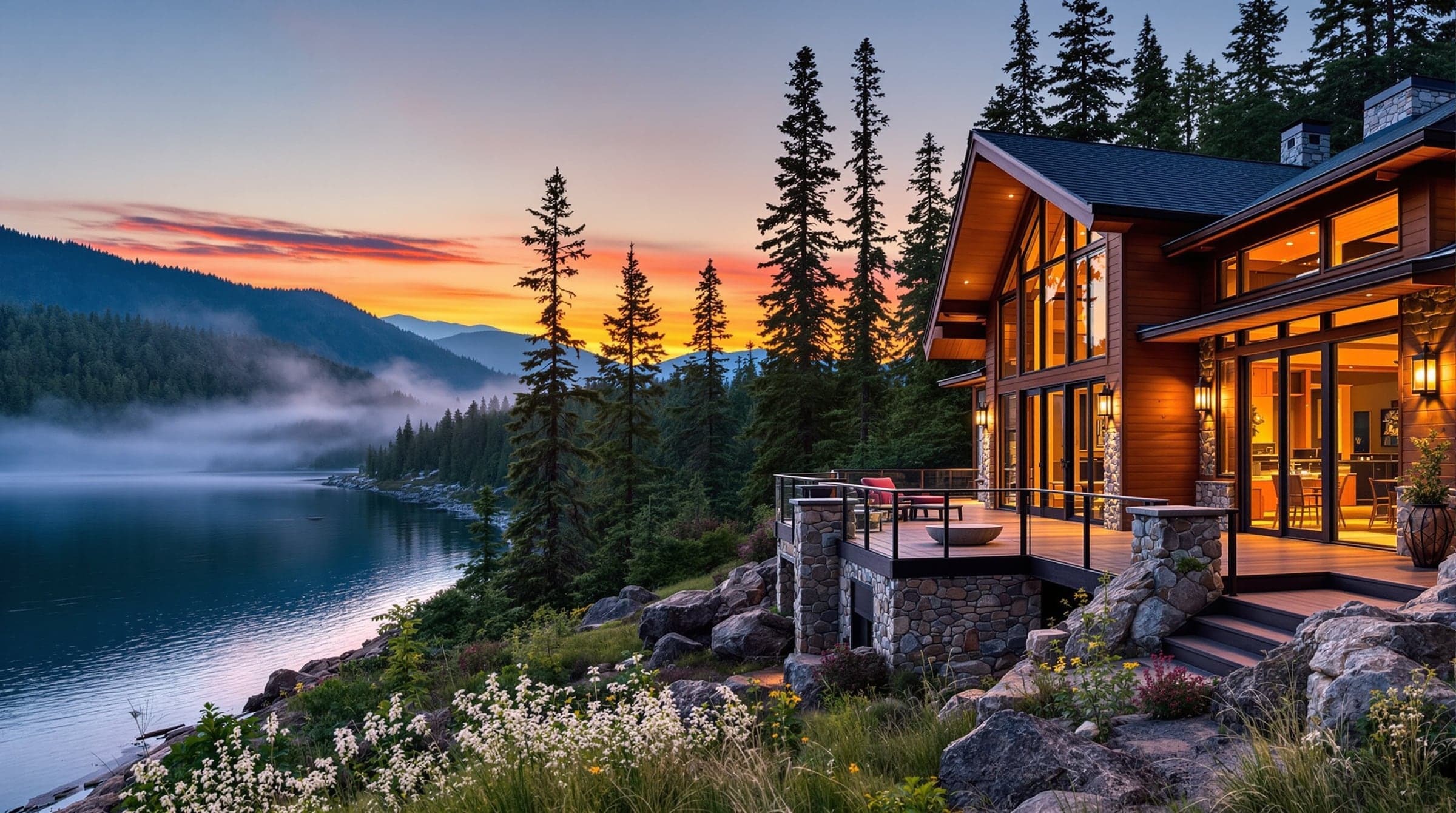 Modern lakefront home in Tennessee at sunset — sell or rent your home for one flat fee on ListMyHomes.com™